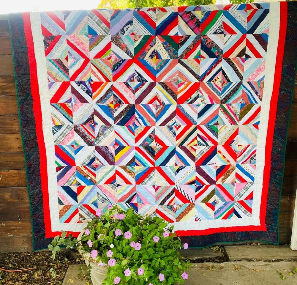 Handmade String Quilt 74x90 Vintage Fabric Scrap Patchwork Folk Art Bed Quilt